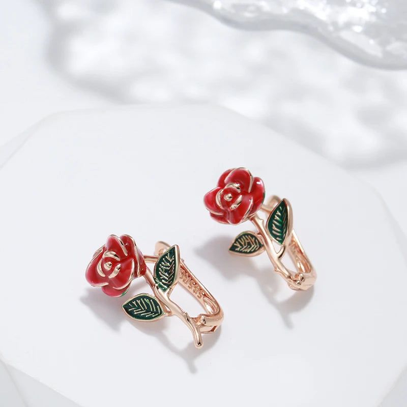 Smart Vintage-Inspired Rose Gold Drop Earrings with Red Enamel Accents