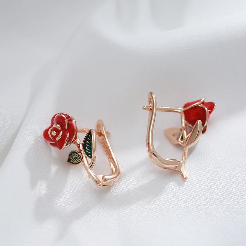 Smart Vintage-Inspired Rose Gold Drop Earrings with Red Enamel Accents