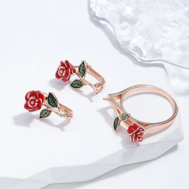 Smart Vintage-Inspired Rose Gold Drop Earrings with Red Enamel Accents