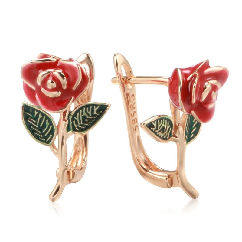 Smart Vintage-Inspired Rose Gold Drop Earrings with Red Enamel Accents