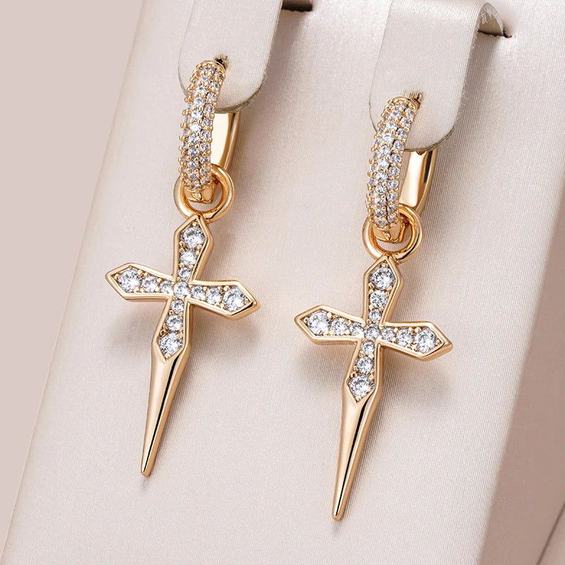 Smart Vintage-Style Cross Long Dangle Earrings in 585 Rose Gold with Natural Zircon Accents