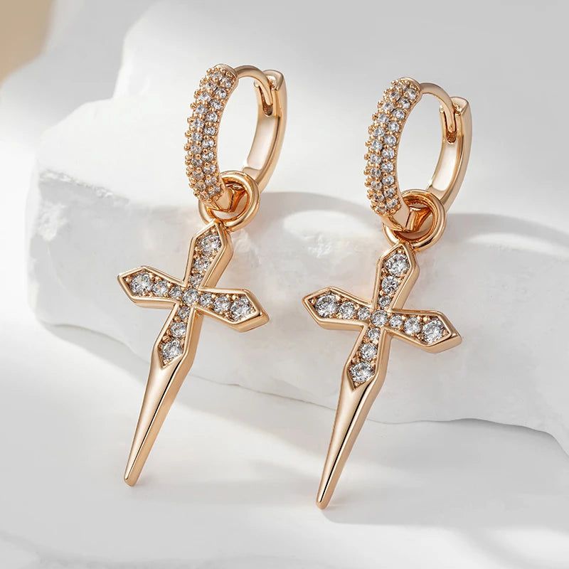 Smart Vintage-Style Cross Long Dangle Earrings in 585 Rose Gold with Natural Zircon Accents