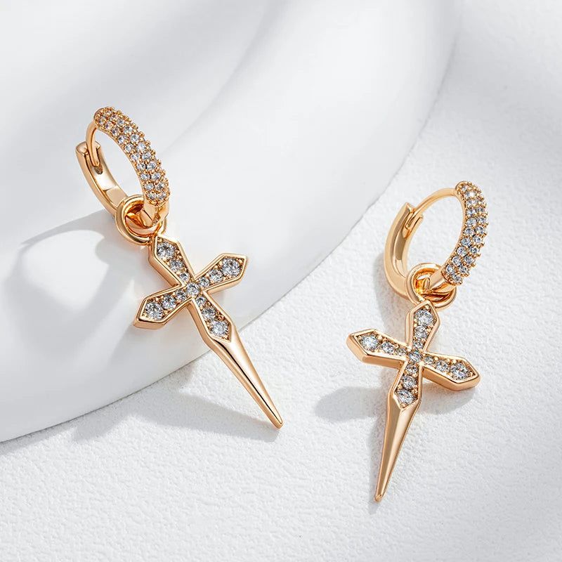 Smart Vintage-Style Cross Long Dangle Earrings in 585 Rose Gold with Natural Zircon Accents