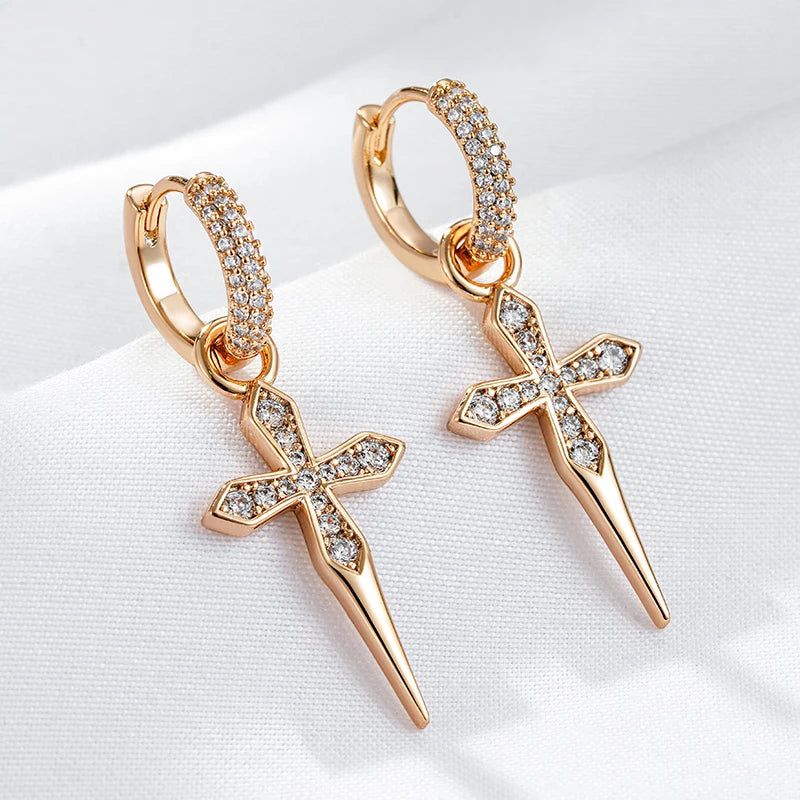 Smart Vintage-Style Cross Long Dangle Earrings in 585 Rose Gold with Natural Zircon Accents