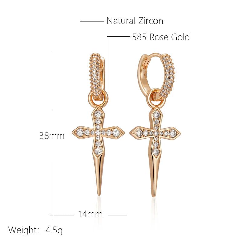 Smart Vintage-Style Cross Long Dangle Earrings in 585 Rose Gold with Natural Zircon Accents