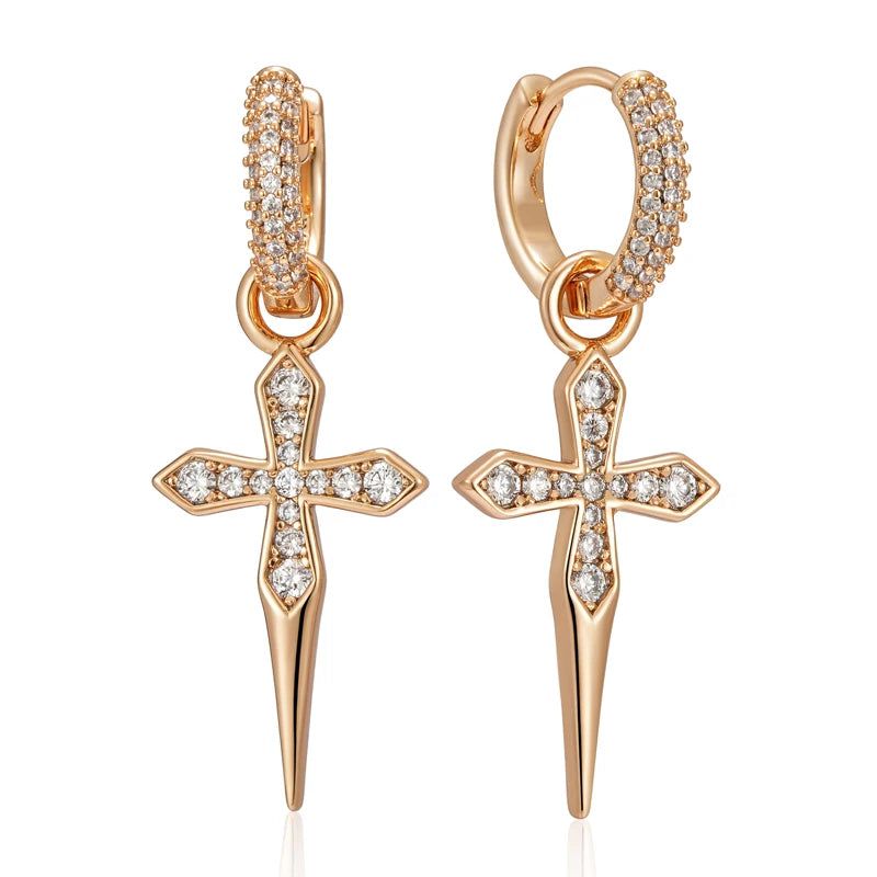 Smart Vintage-Style Cross Long Dangle Earrings in 585 Rose Gold with Natural Zircon Accents