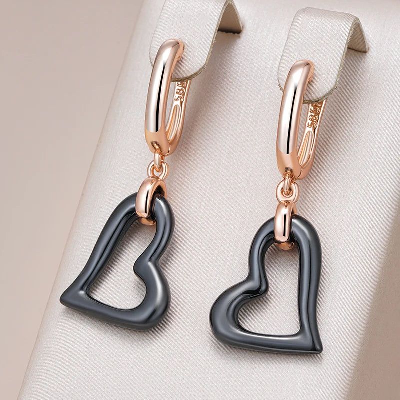 Smart Vintage-Style Long Drop Earrings in Black Ceramics and Rose Gold