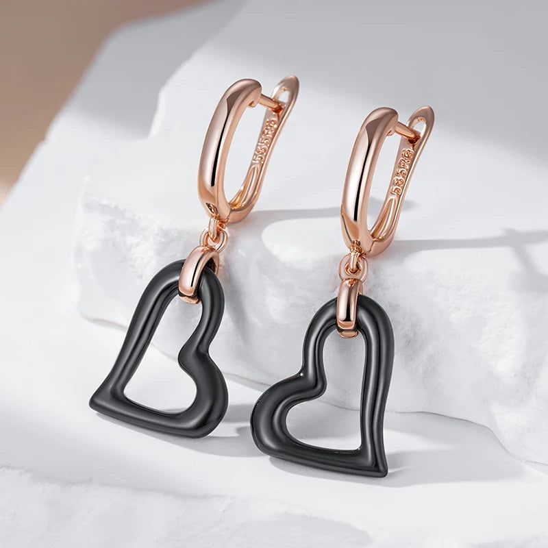 Smart Vintage-Style Long Drop Earrings in Black Ceramics and Rose Gold