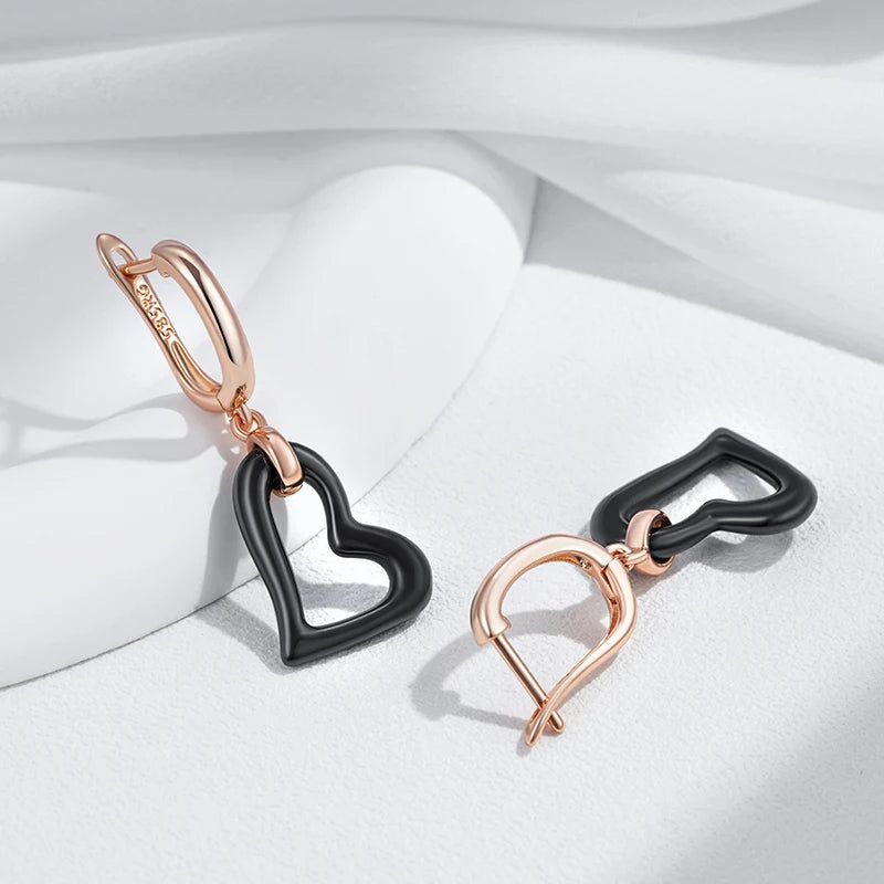 Smart Vintage-Style Long Drop Earrings in Black Ceramics and Rose Gold