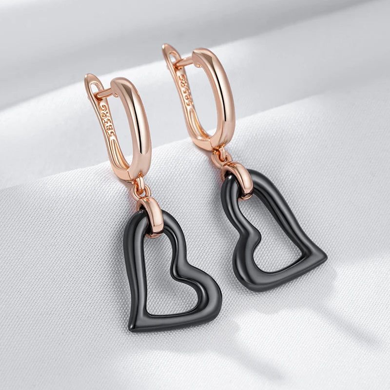 Smart Vintage-Style Long Drop Earrings in Black Ceramics and Rose Gold