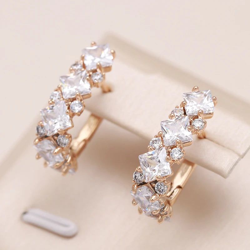 Smart Vintage-Style Long Earrings with Natural Zircon in 585 Rose Gold Finish