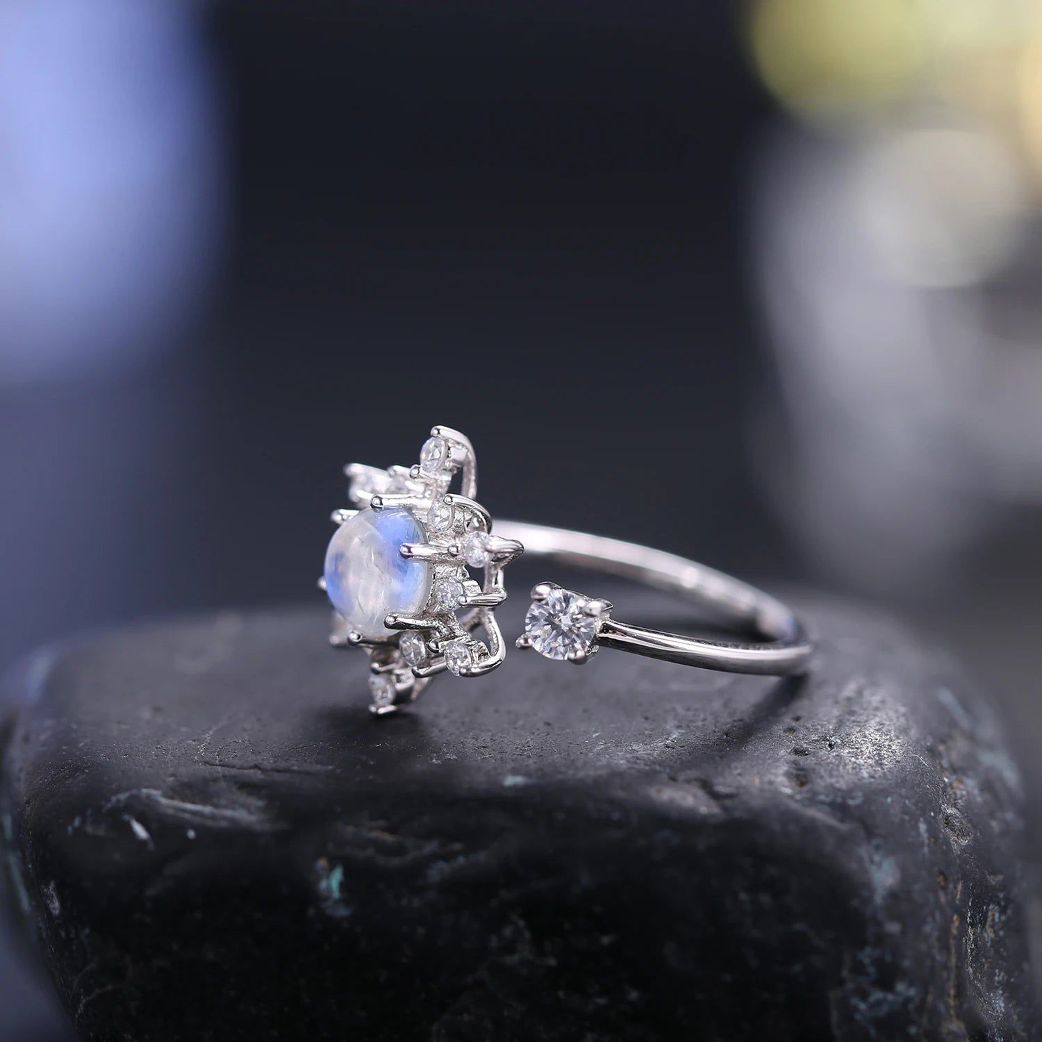 Snowflake Rainbow Moonstone Rings, 925 Sterling Silver Adjustable Open Ring For Her June Birthstone