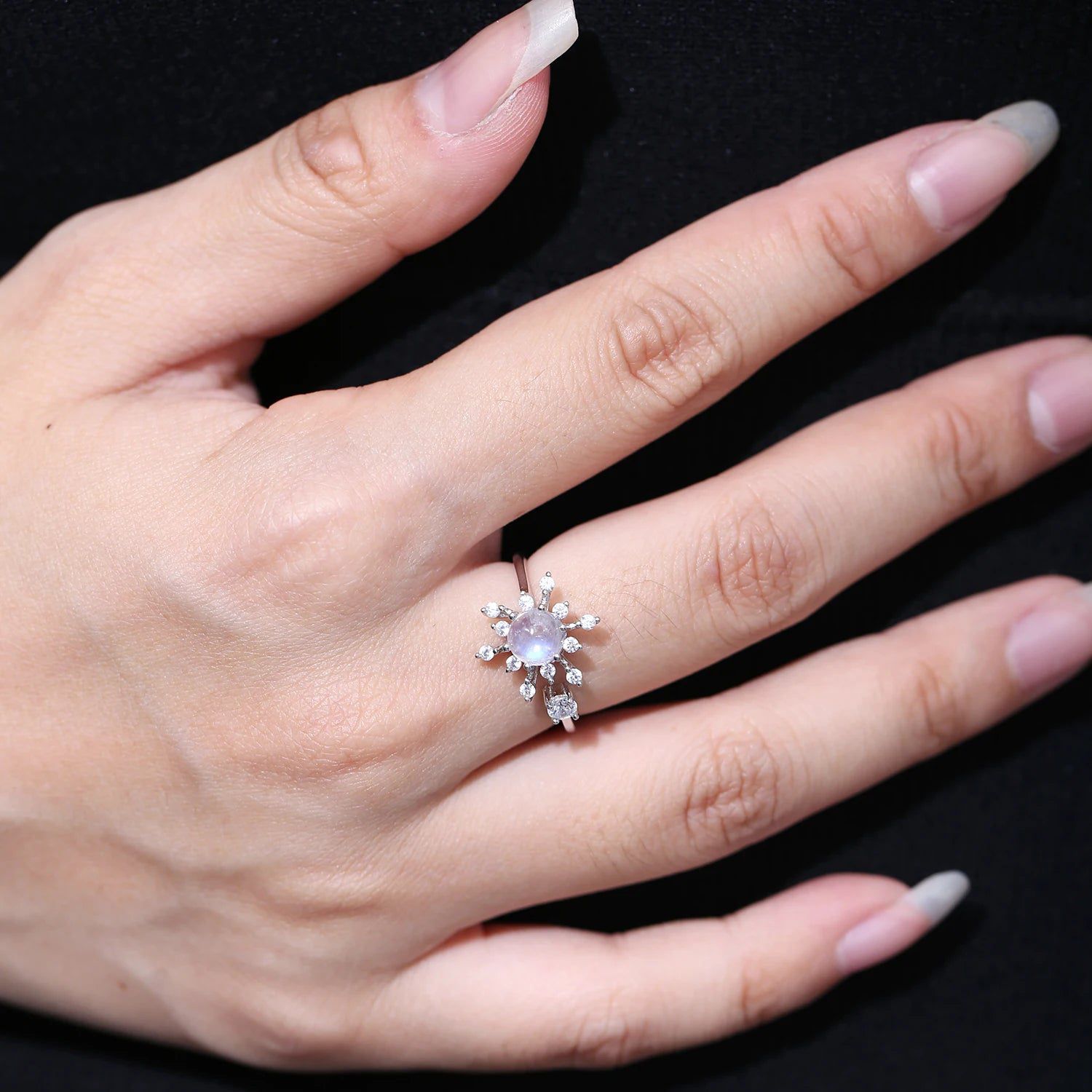 Snowflake Rainbow Moonstone Rings, 925 Sterling Silver Adjustable Open Ring For Her June Birthstone