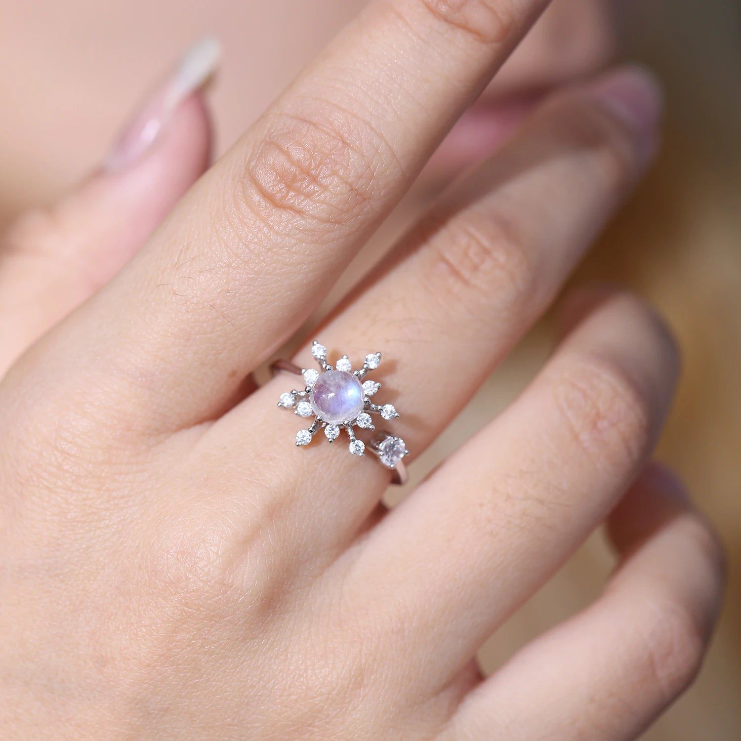 Snowflake Rainbow Moonstone Rings, 925 Sterling Silver Adjustable Open Ring For Her June Birthstone