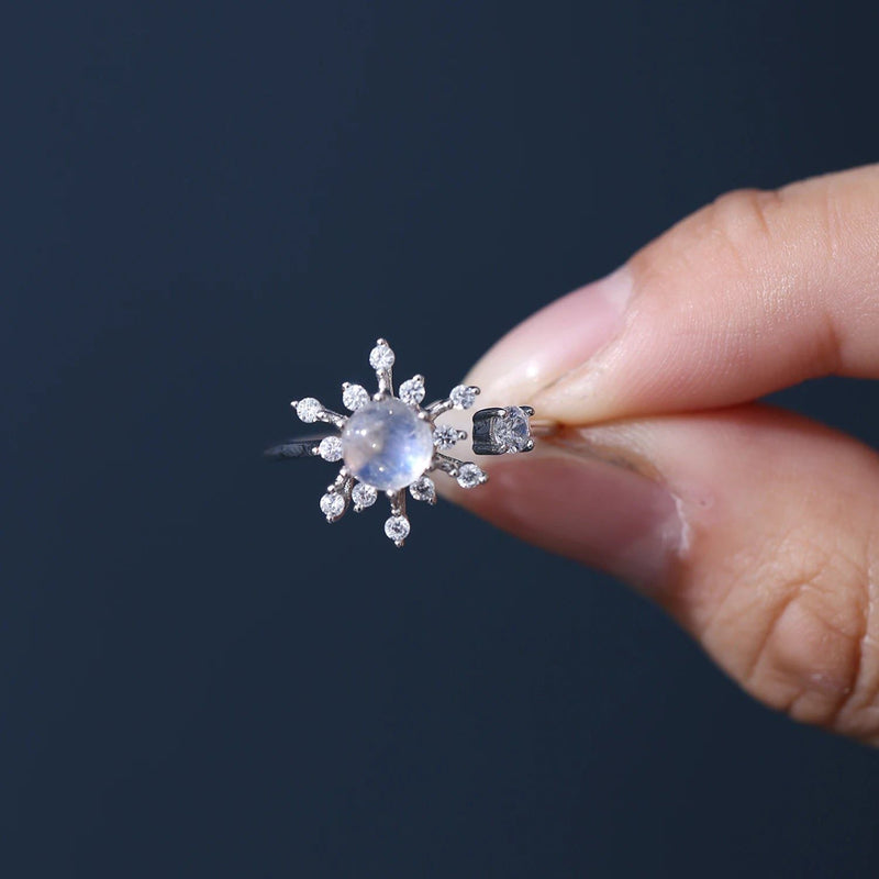 Snowflake Rainbow Moonstone Rings, 925 Sterling Silver Adjustable Open Ring For Her June Birthstone