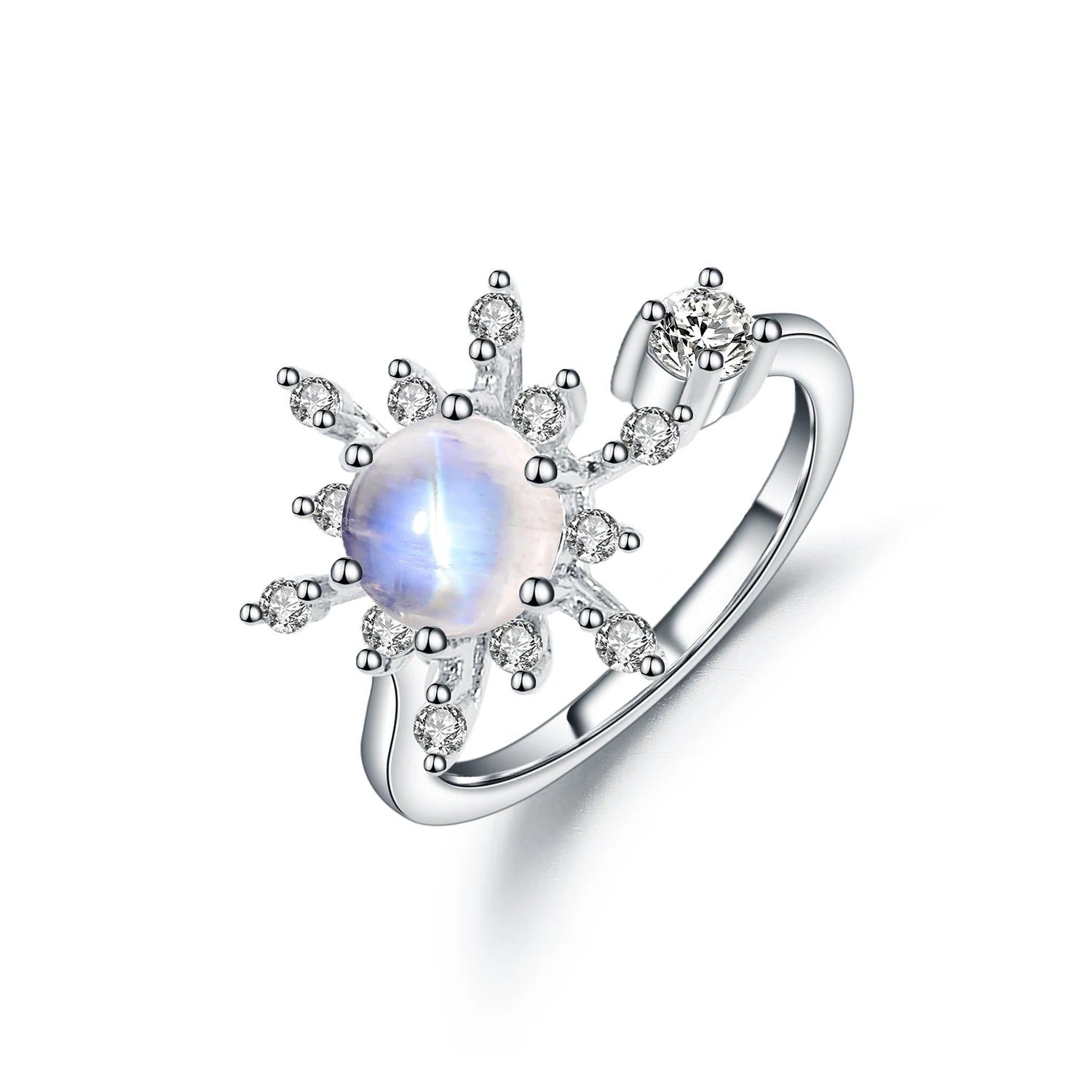 Snowflake Rainbow Moonstone Rings, 925 Sterling Silver Adjustable Open Ring For Her June Birthstone