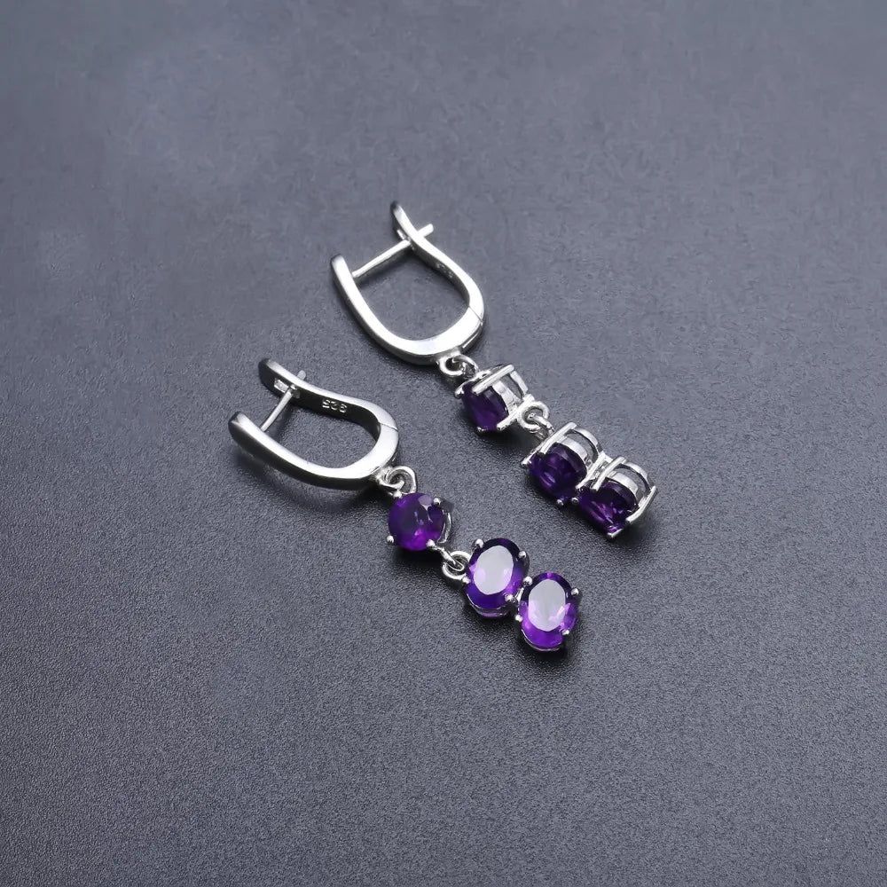 Solid 925 Sterling Silver Amethyst Drop Earrings