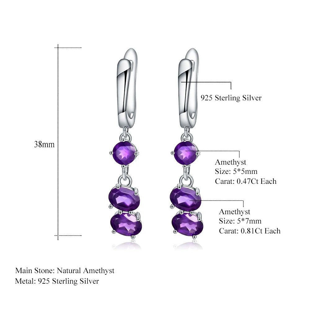 Solid 925 Sterling Silver Amethyst Drop Earrings