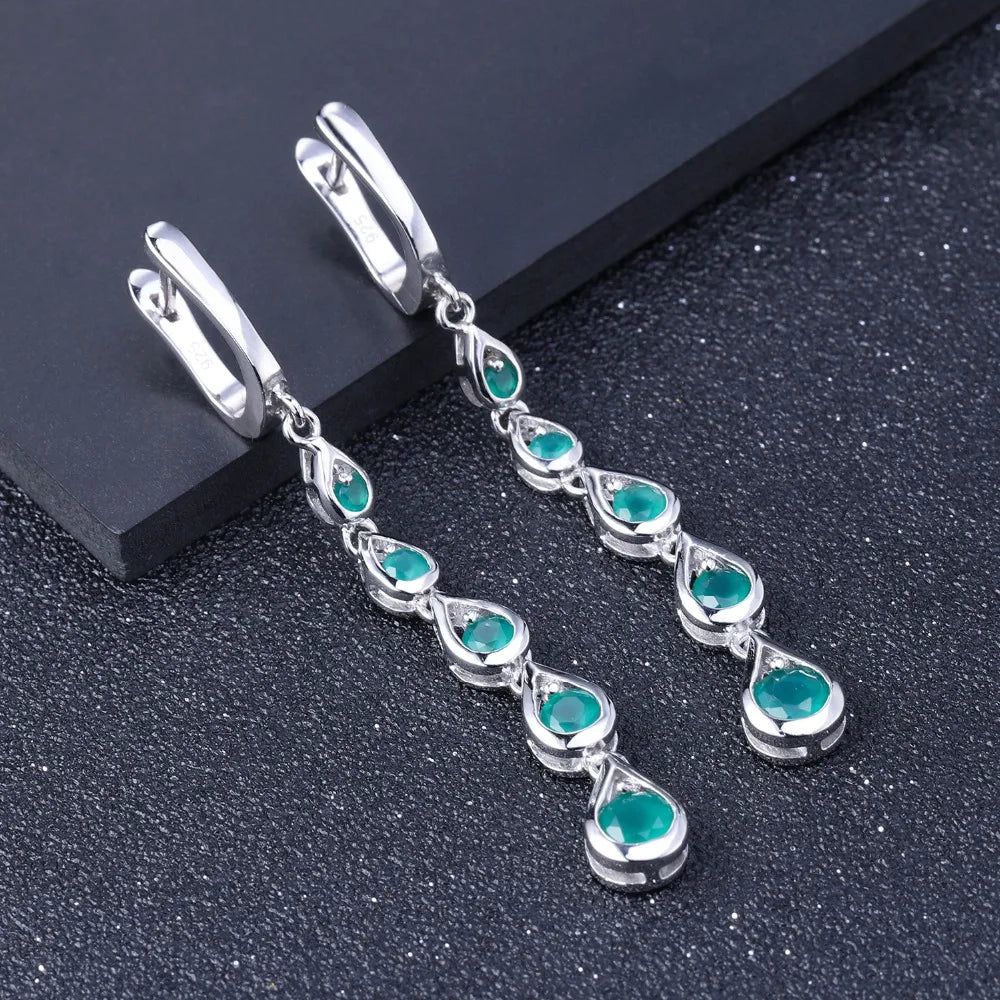 Solid 925 Sterling Silver Drop Earrings Natural Green Agate