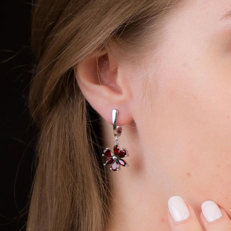 Solid 925 Sterling Silver Garnet Flower Earrings