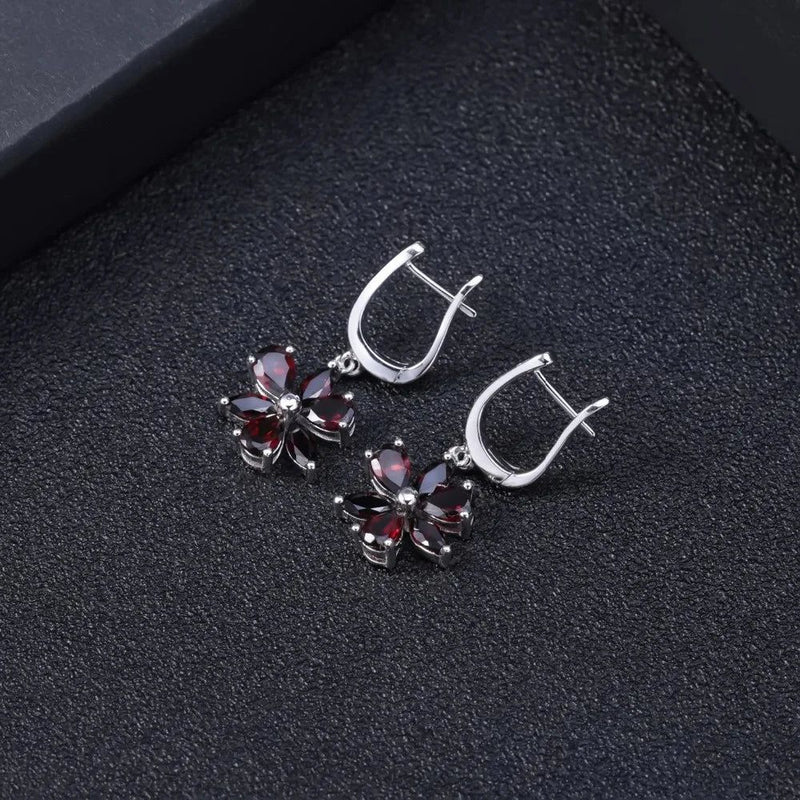 Solid 925 Sterling Silver Garnet Flower Earrings