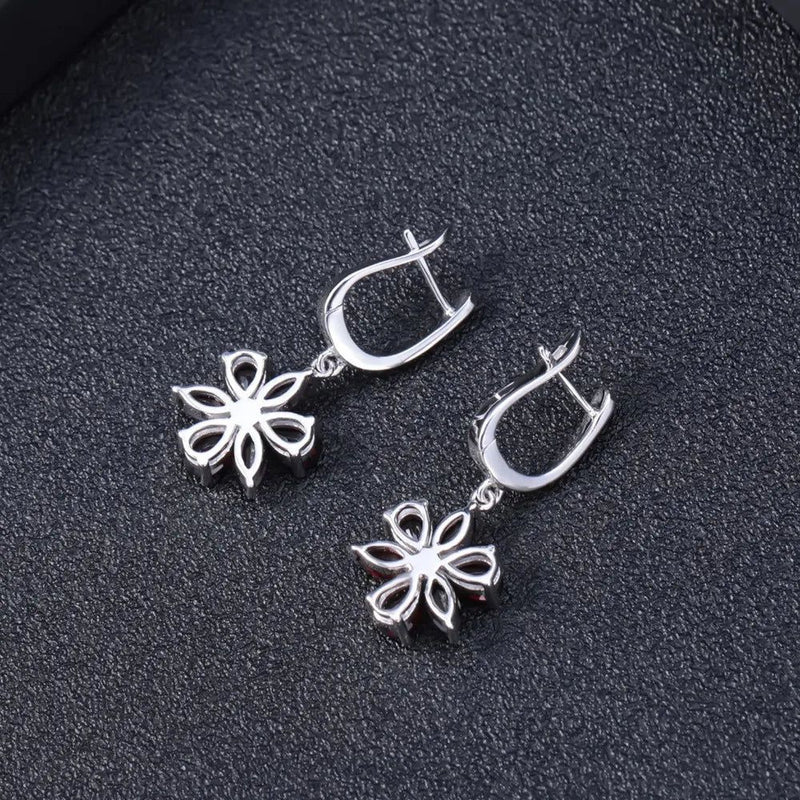 Solid 925 Sterling Silver Garnet Flower Earrings