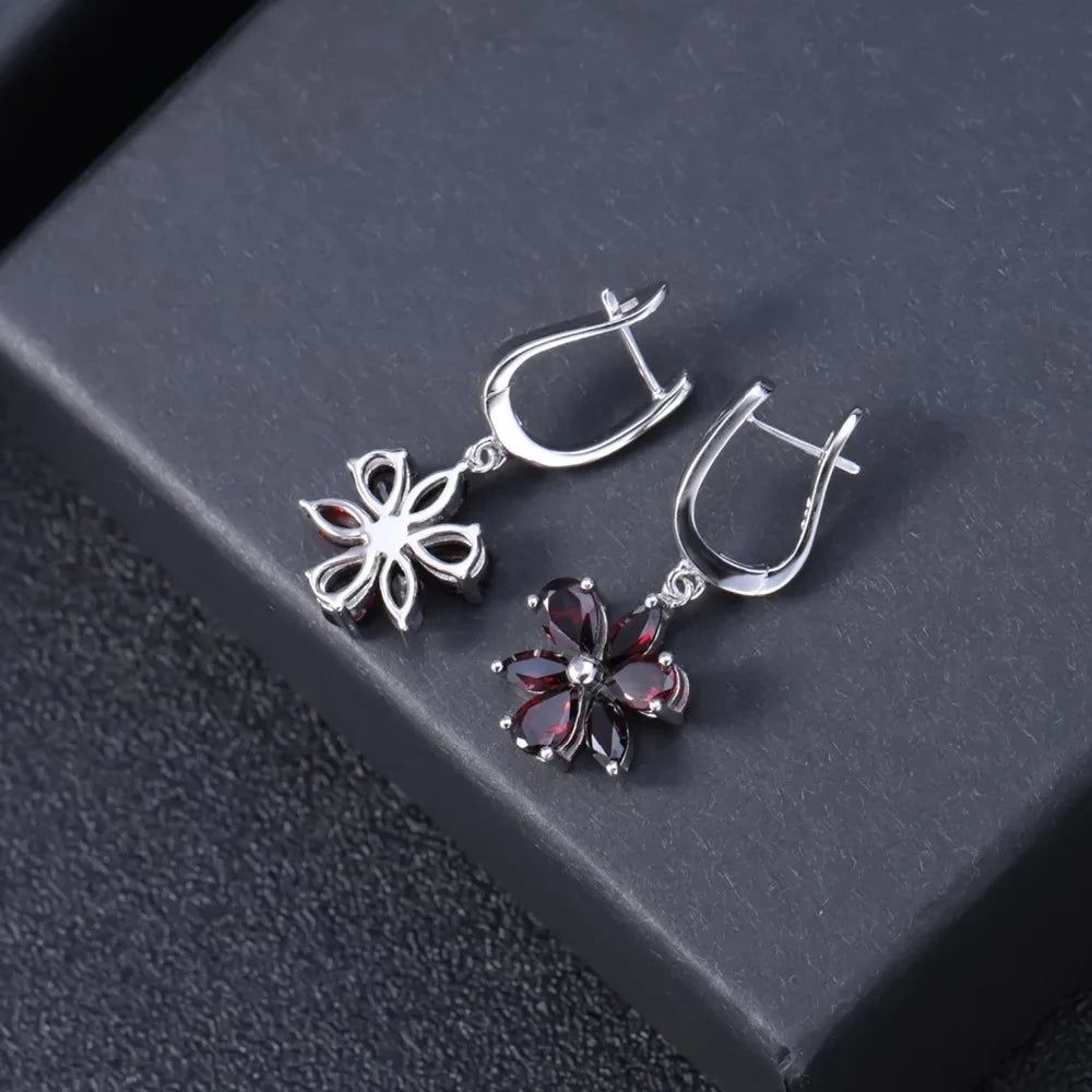 Solid 925 Sterling Silver Garnet Flower Earrings