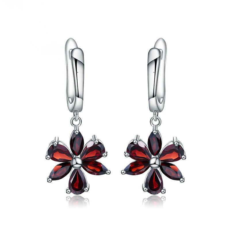 Solid 925 Sterling Silver Garnet Flower Earrings