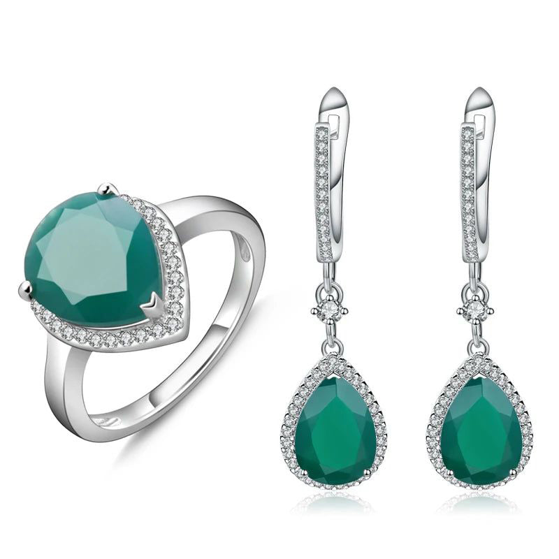 Solid 925 Sterling Silver Green Agate Earrings Ring Set