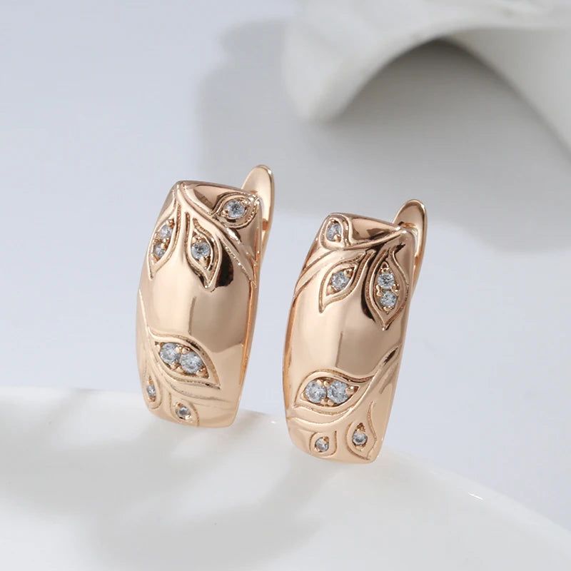 Sophisticated 585 Rose Gold Geometric Leaf Drop Earrings with Natural Zircon