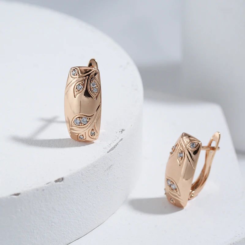 Sophisticated 585 Rose Gold Geometric Leaf Drop Earrings with Natural Zircon