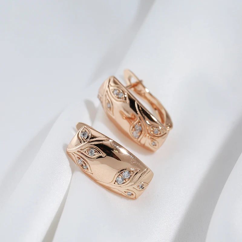 Sophisticated 585 Rose Gold Geometric Leaf Drop Earrings with Natural Zircon