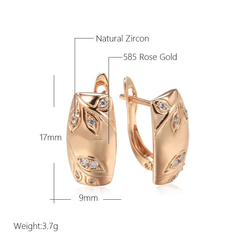 Sophisticated 585 Rose Gold Geometric Leaf Drop Earrings with Natural Zircon