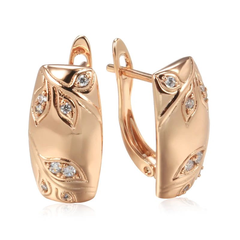 Sophisticated 585 Rose Gold Geometric Leaf Drop Earrings with Natural Zircon