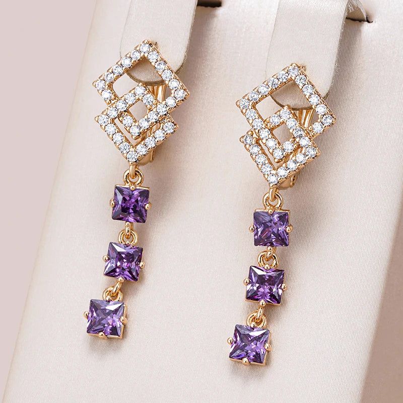 Sophisticated 585 Rose Gold Geometric Long Drop Earrings with Unique Purple Zircon Gemstones