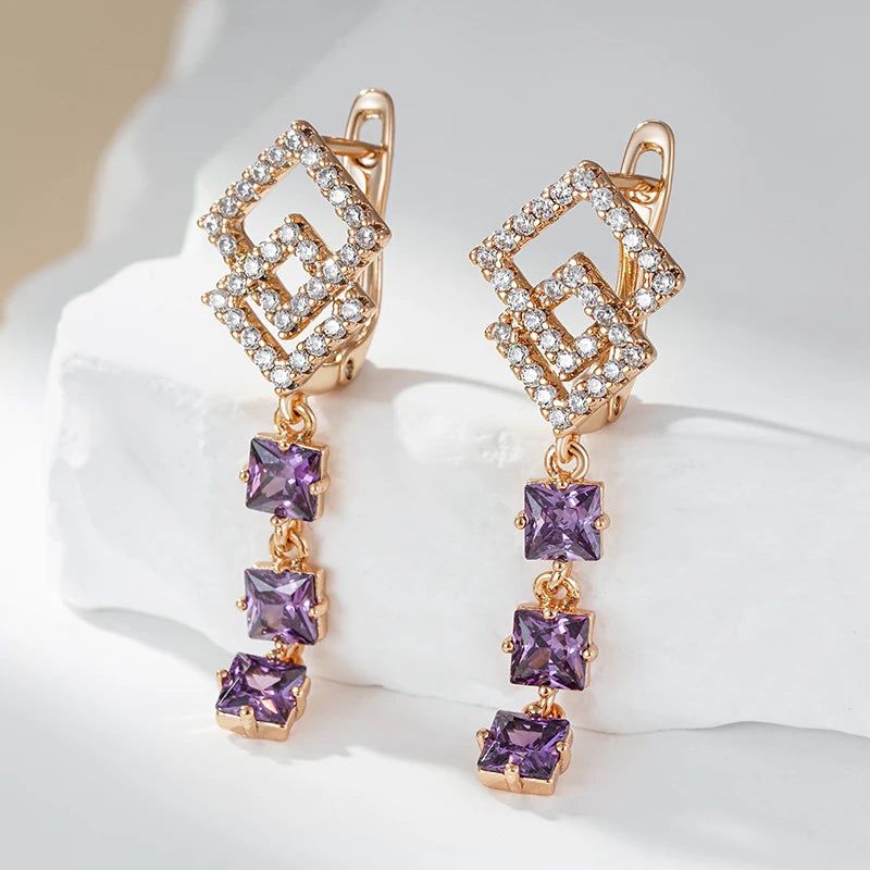 Sophisticated 585 Rose Gold Geometric Long Drop Earrings with Unique Purple Zircon Gemstones