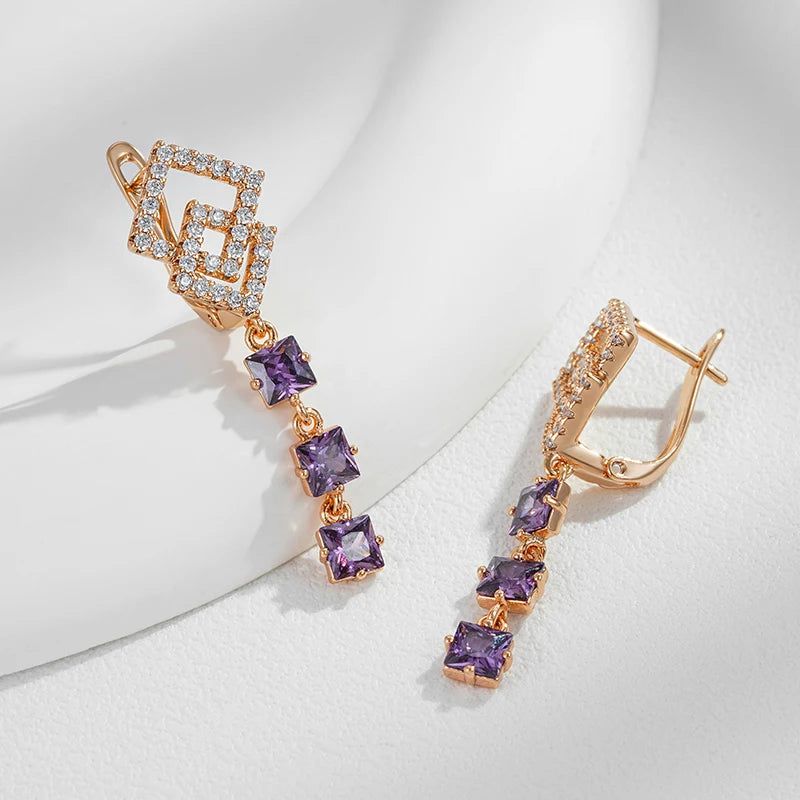 Sophisticated 585 Rose Gold Geometric Long Drop Earrings with Unique Purple Zircon Gemstones