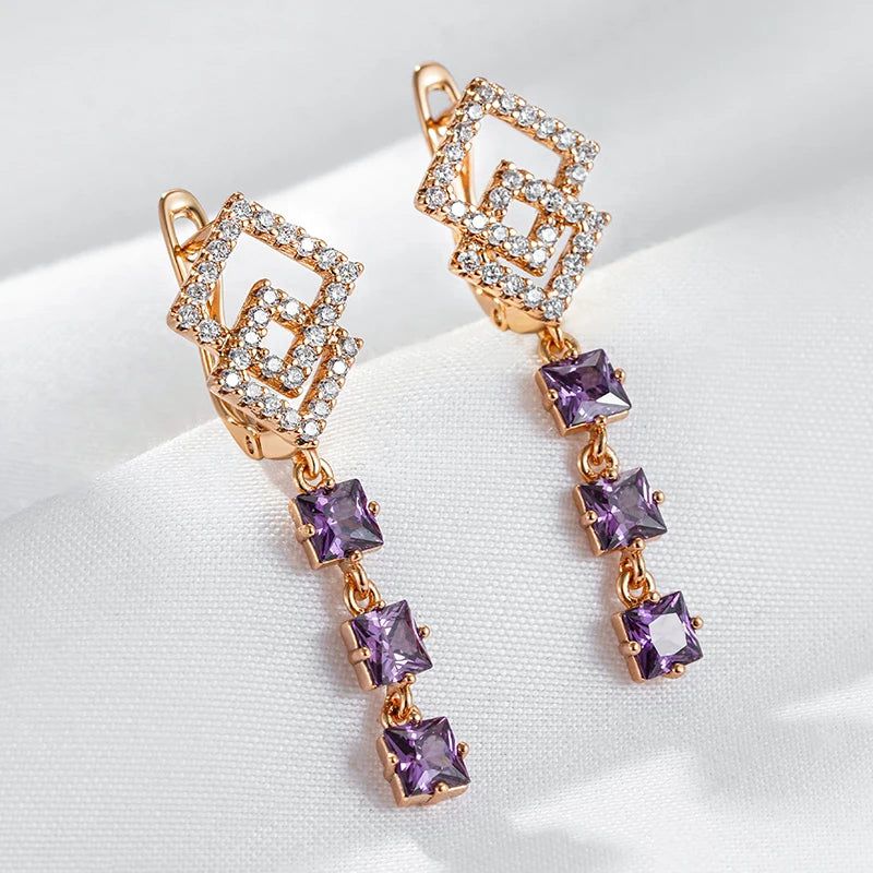 Sophisticated 585 Rose Gold Geometric Long Drop Earrings with Unique Purple Zircon Gemstones