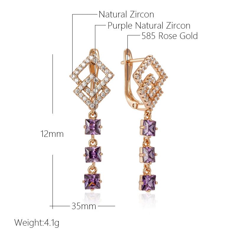 Sophisticated 585 Rose Gold Geometric Long Drop Earrings with Unique Purple Zircon Gemstones