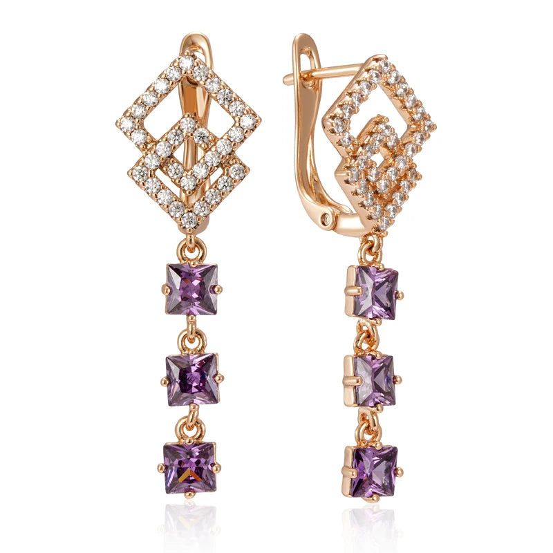 Sophisticated 585 Rose Gold Geometric Long Drop Earrings with Unique Purple Zircon Gemstones