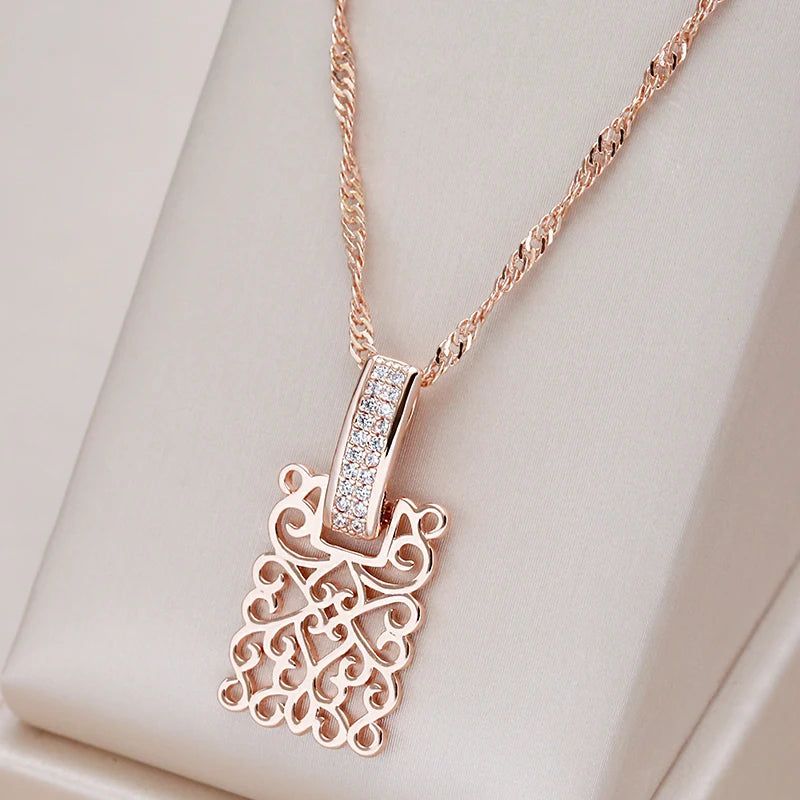 Sophisticated 585 Rose Gold Geometric Long Pendant Necklace with Natural Zircon