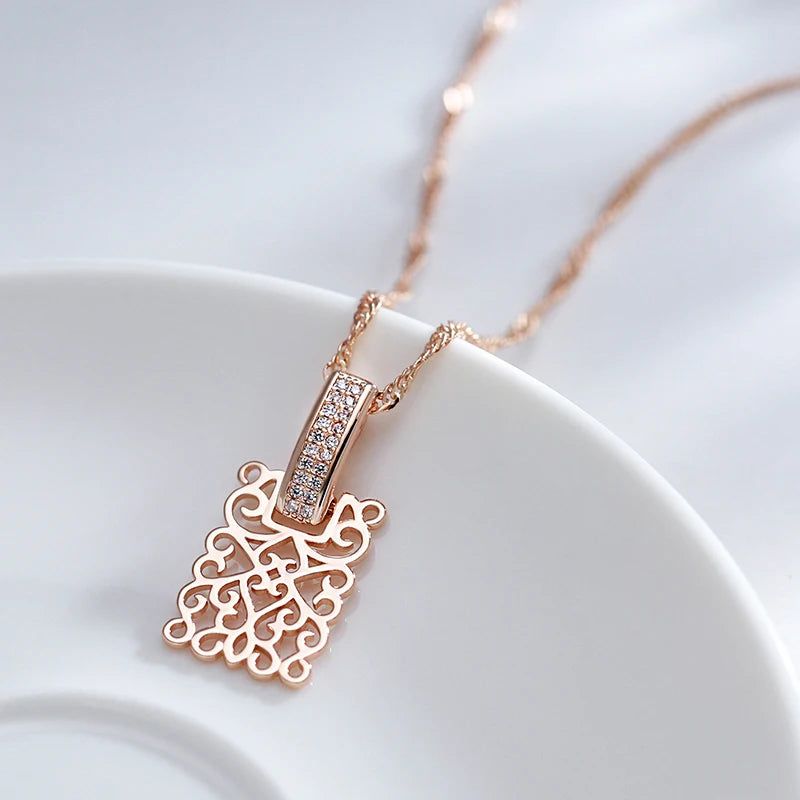 Sophisticated 585 Rose Gold Geometric Long Pendant Necklace with Natural Zircon