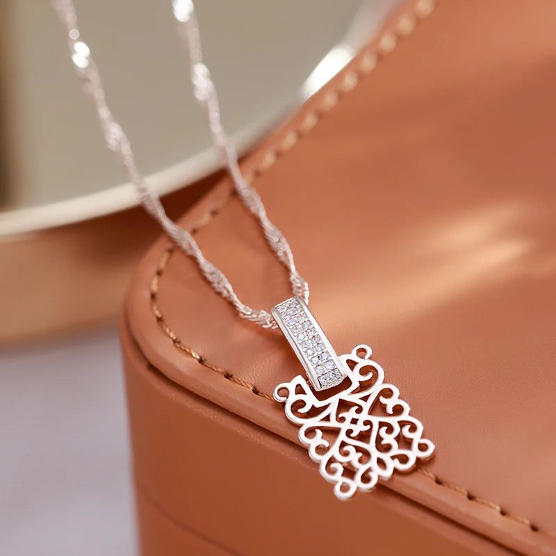 Sophisticated 585 Rose Gold Geometric Long Pendant Necklace with Natural Zircon