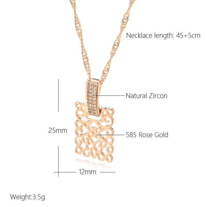 Sophisticated 585 Rose Gold Geometric Long Pendant Necklace with Natural Zircon