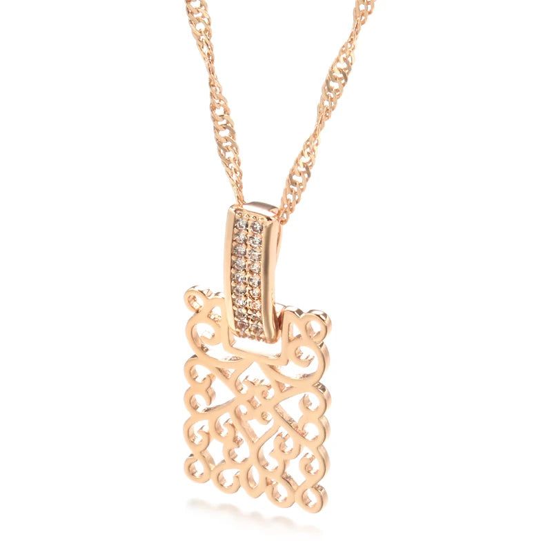 Sophisticated 585 Rose Gold Geometric Long Pendant Necklace with Natural Zircon