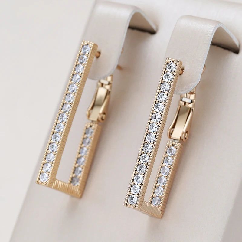 Sophisticated 585 Rose Gold Geometric Long Rectangle Dangle Earrings with Natural Zircon