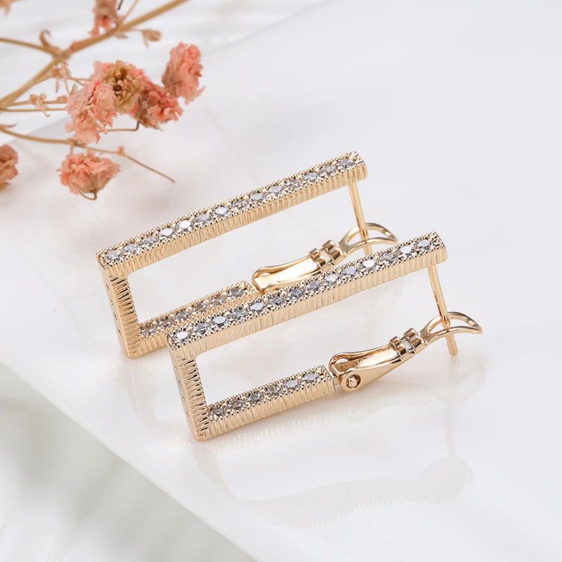 Sophisticated 585 Rose Gold Geometric Long Rectangle Dangle Earrings with Natural Zircon