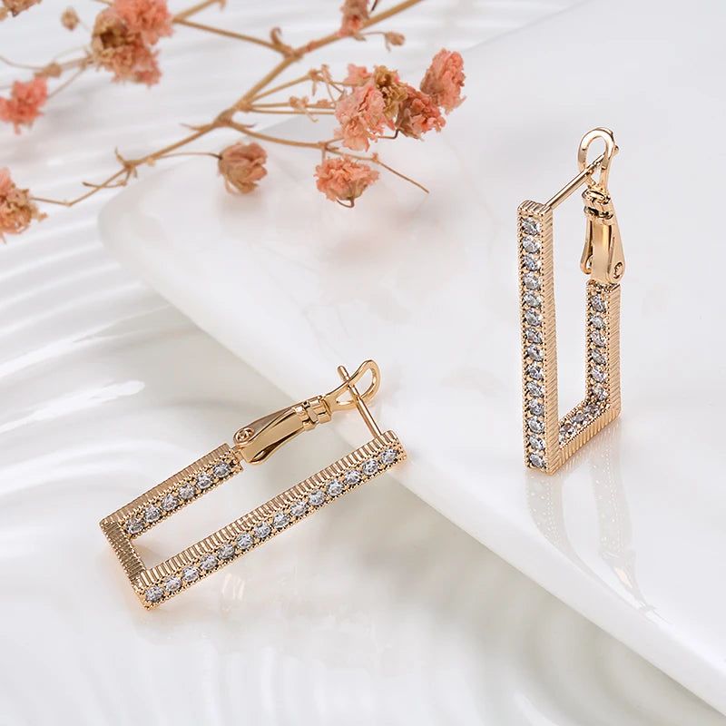 Sophisticated 585 Rose Gold Geometric Long Rectangle Dangle Earrings with Natural Zircon