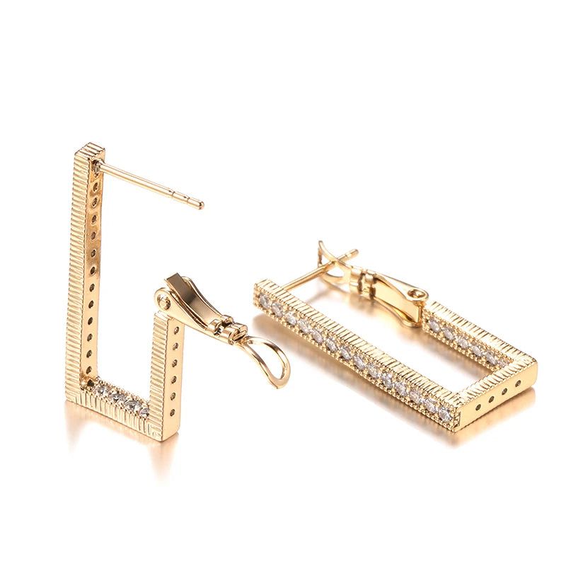 Sophisticated 585 Rose Gold Geometric Long Rectangle Dangle Earrings with Natural Zircon