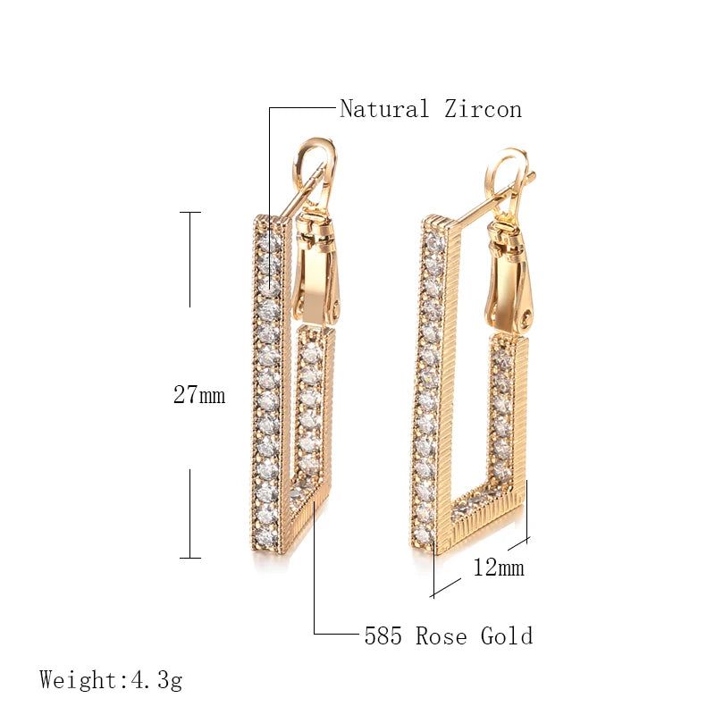 Sophisticated 585 Rose Gold Geometric Long Rectangle Dangle Earrings with Natural Zircon